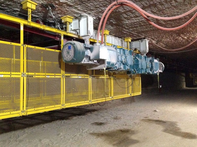 Roof mounted Conveyor Systems in Potash Mine