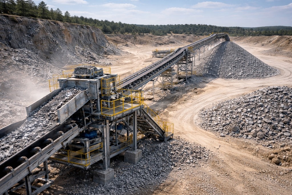 Mining conveyor system transporting material between processing stages